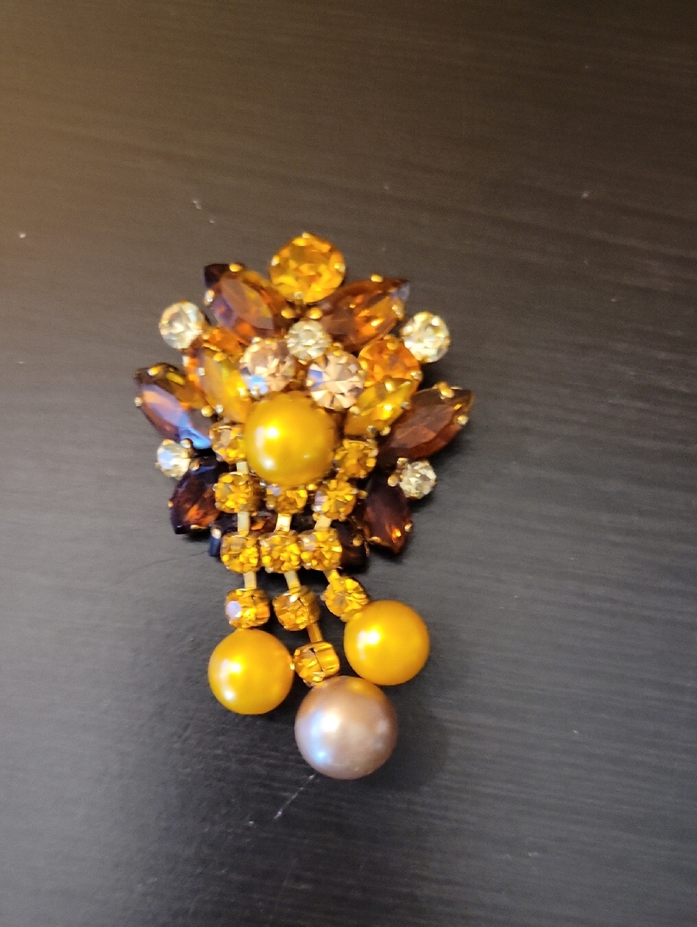 Vintage Western Germany Stamped Gold and Amber Crystal Drop Brooch